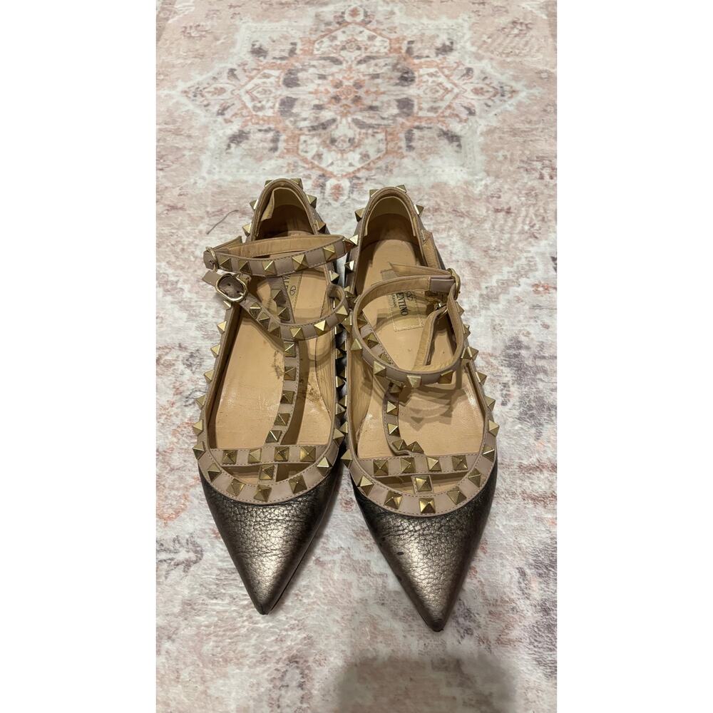 Valentino Women's Rockstud Metallic Leather Ballet Flats Ankle Strap Size 36.5 - Picture 2 of 9
